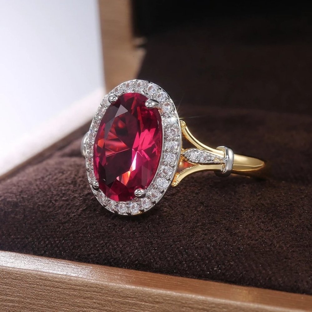 OVAL RED CZ TWO TONE DESIGN NOBLE BIRTHDAY 💍 RING - Picture 6 of 6